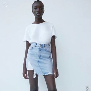 Zara Blue Jean Mini Skirt Ripped Asymmetric